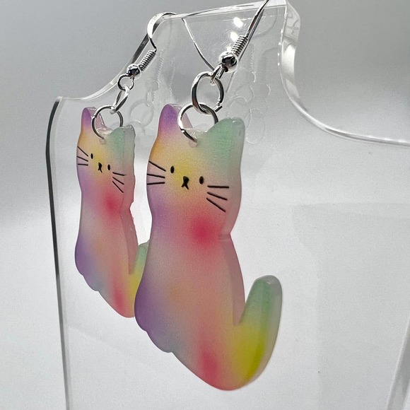 Tye Dye Kitty Cat Earrings - Pastel Earrings - Kitten Earrings - Picture 6 of 10
